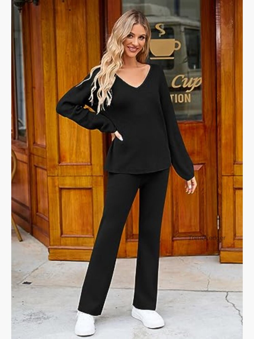 Women's 2-Piece Knit Lounge Set Sweatsuit Wide Leg Pants - Picture 3 of 7